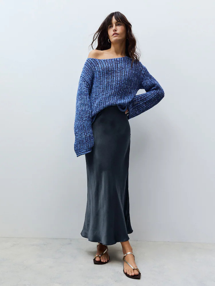 Navy Blue Satin Midi Skirt | Next US