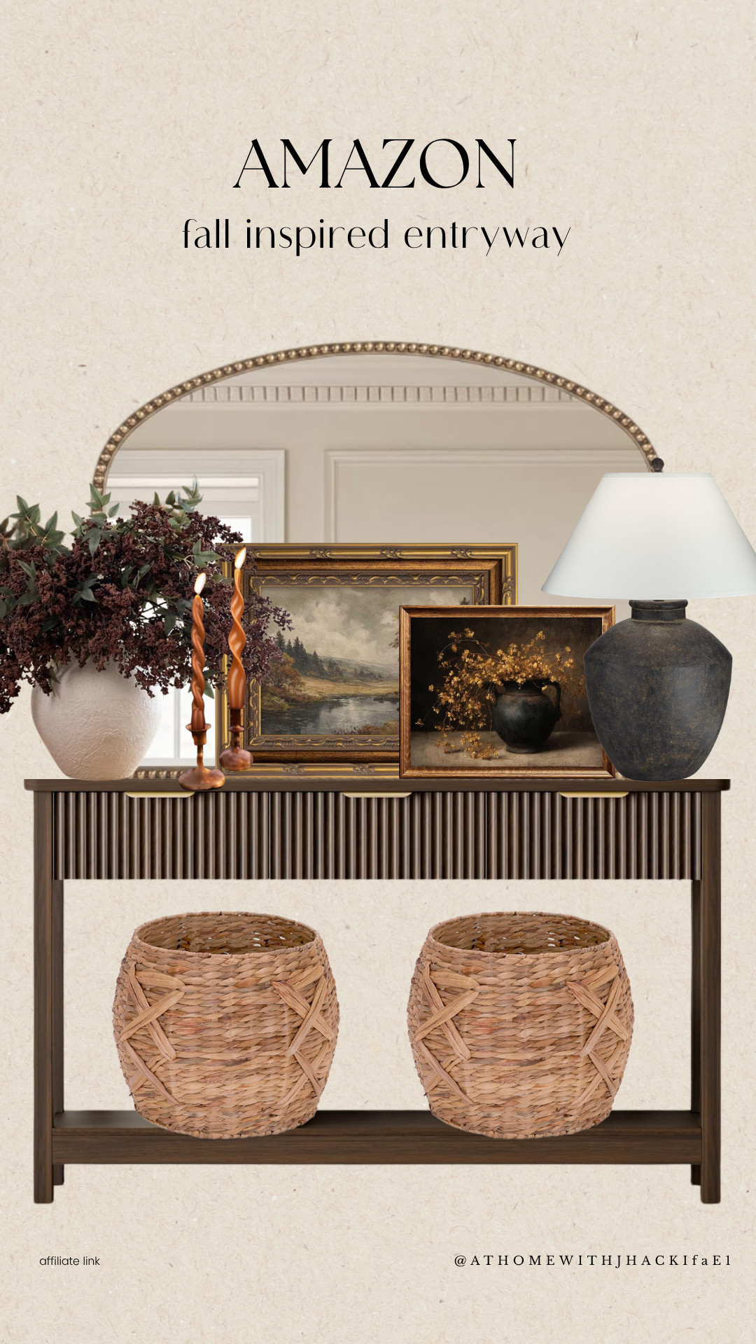 Amazon Fall Inspired Entryway, Amazon home finds, Amazon home decor, Amazon entryway decor, fall entryway, entryway styling, console table decor, large arch mirror, woven baskets, black table lamp, framed vintage art, fall stems, faux florals, decorative candles, taper candles, textured vase, rustic pottery, neutral home decor, organic modern style, moody fall decor, fall decorating ideas, cozy home inspiration, affordable home decor, designer inspired home

#LTKSeasonal #LTKHome