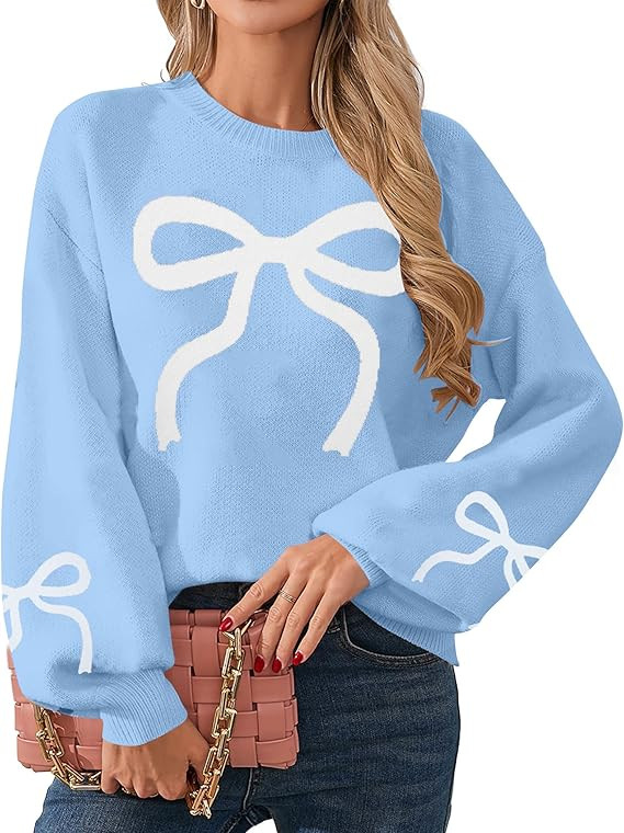 UNIQUEONE Oversized Bow Sweater Y2K Crew Neck Drop Shoulder Long Sleeve Knit Pullover Tops Fall O... | Amazon (US)