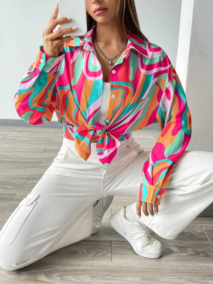 INAWLY Printed Button-Down Long Sleeve Casual Shirt Fall Cloth For Women | SHEIN