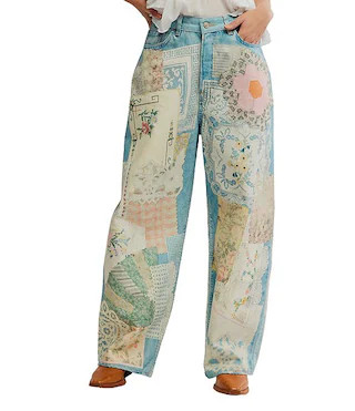Free People We The Free Illusions Patchwork Printed Low Rise Barrel Leg Jeans | Dillard's | Dillard's