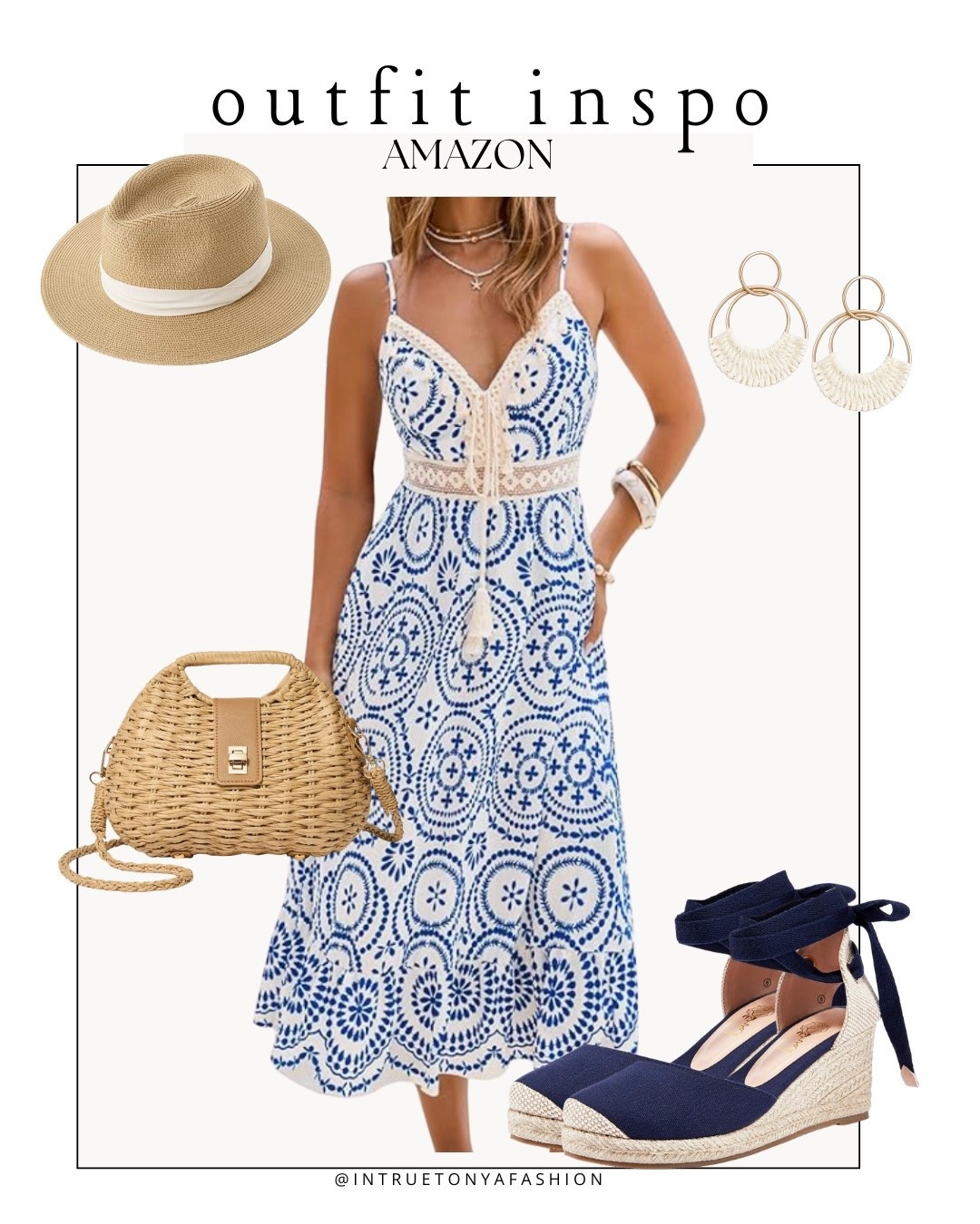 Beach vacation outfit idea from amazon — blue and white summer dress, navy espadrille wedge heels, wicker handbag, sun hat, and earrings 







vacation outfits, tropical outfits, beach outfits, beach clothes, resort wear 2026, summer outfits, beach vacation outfit, cupshe dress, summer dresses, beach dress, 

#LTKTravel #LTKootd #LTKSaleAlert