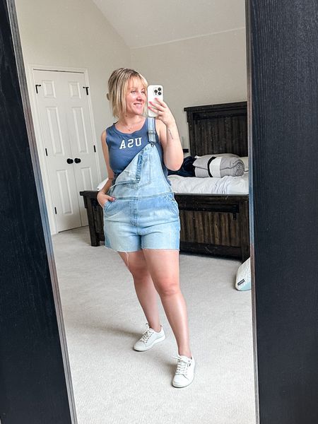 Cute and casual 4th of July outfit,
What to wear for 4th of July, overalls outfit, shortalls look, cute Fourth of July look for hot weather, USA tank top outfit. 


#LTKstyletip #LTKunder50 #LTKSeasonal