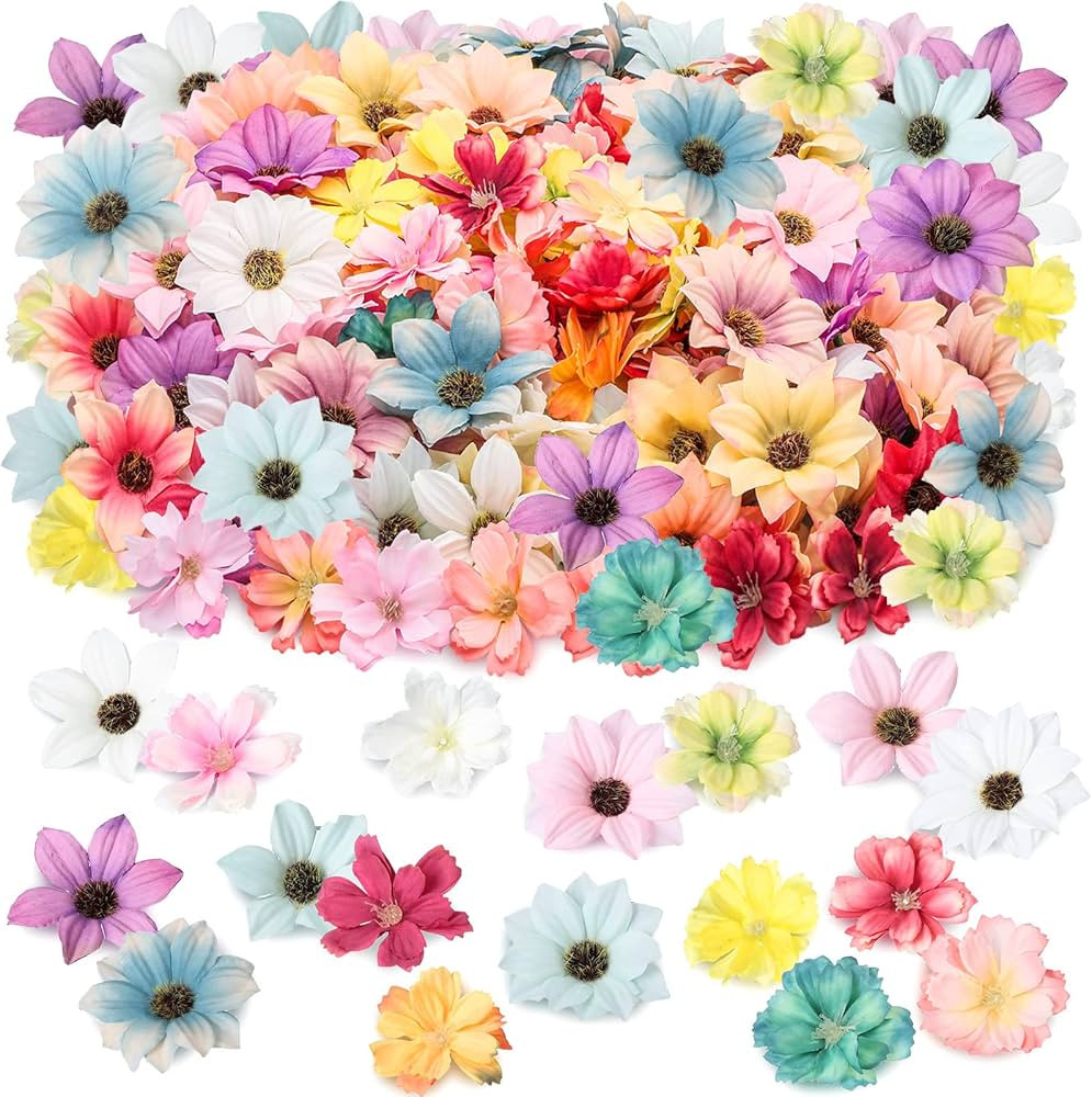 200 Pieces Faux Flower Heads Fake Artificial Peony Daisy Rose Flowers Multicolor Silk Daisy Flowe... | Amazon (US)