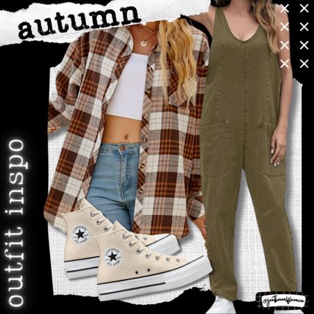 Autumn outfit inspiration, overalls, denim, oversized pockets, flannel, plaid, fall fashion, fall style, amazon, converse, high top, platform 

#LTKfindsunder100 #LTKSeasonal #LTKstyletip