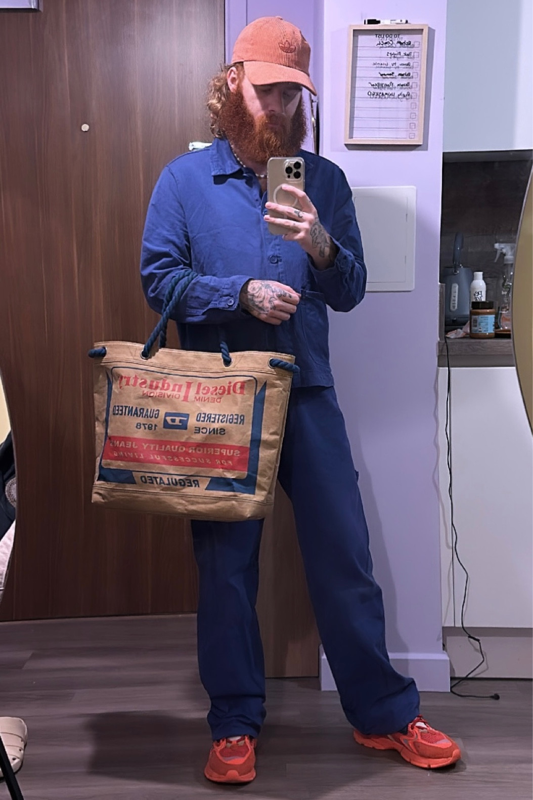 Orange corduroy cap, orange trainers, blue button up jacket, clue co-ord, beige printed tote bag, pull and bear, carhartt, lactose 

#LTKSeasonal #LTKstyletip #LTKeurope