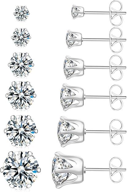 UHIBROS 6 Pairs Stainless Steel Stud Earrings Set Hypoallergenic Cubic Zirconia 14K White Gold 31... | Amazon (US)