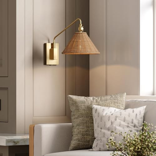 Nathan James Celeste Rattan Wall Light, Modern Farmhouse Wall Mounted Plug in Light, Wall Mount Reading Lamp for Bedside with Rattan Shade | Amazon (US)