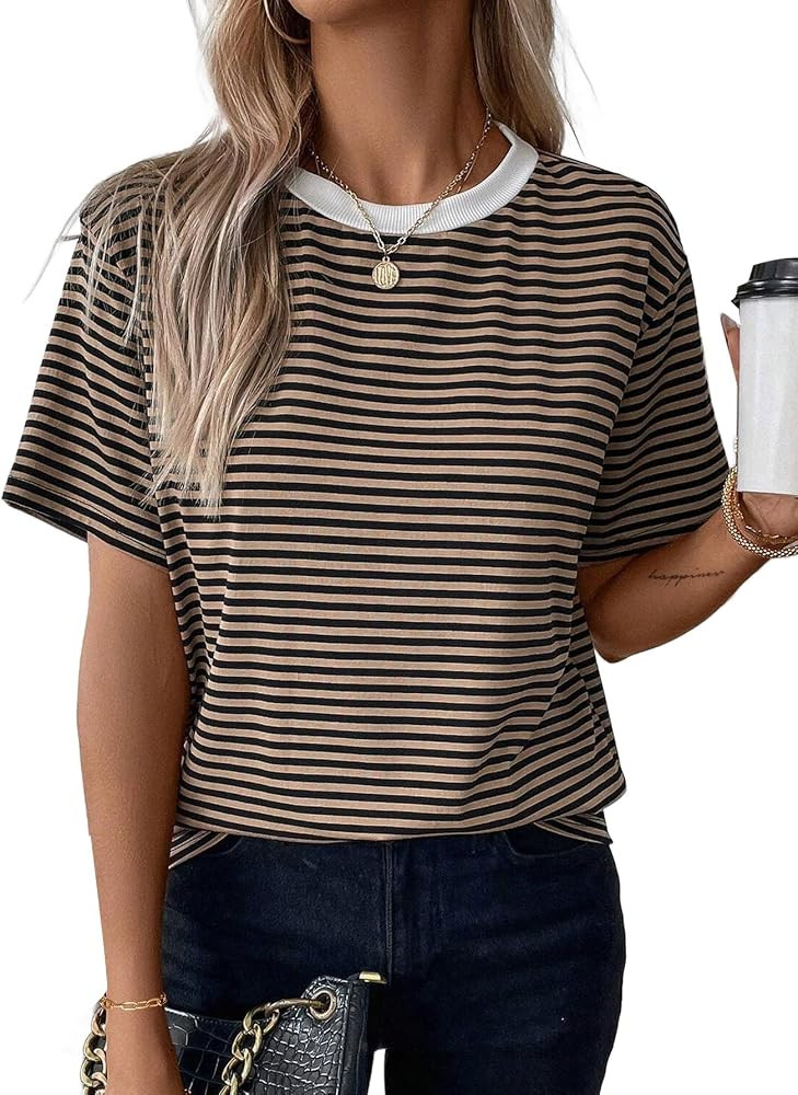 LilyCoco Women's Short Sleeve Striped Shirt Summer Crewneck T Shirt Basic Tops | Amazon (US)