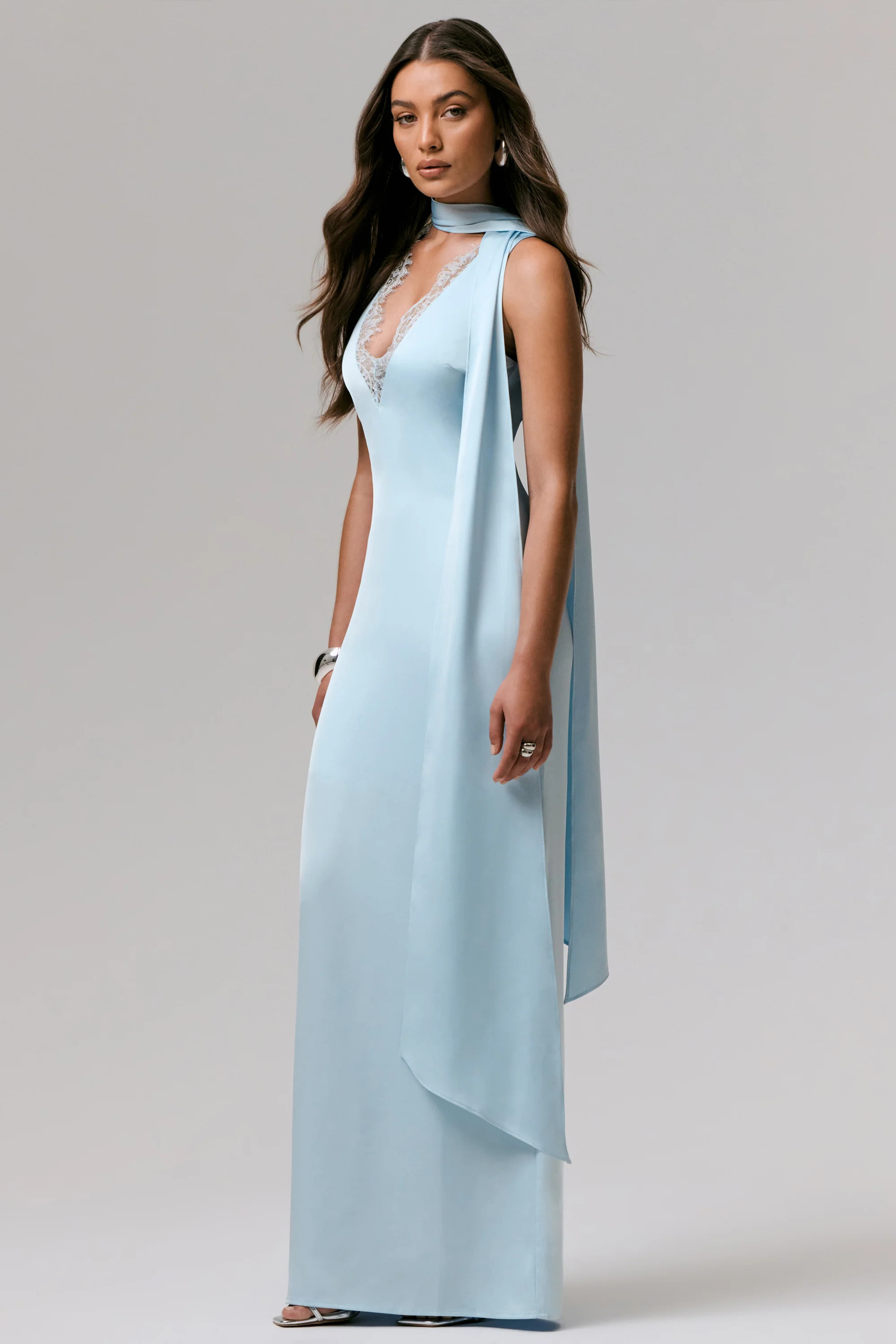 True Icon  Powder Blue Satin V-Neck Maxi Slip Dress With Sash | Club L London