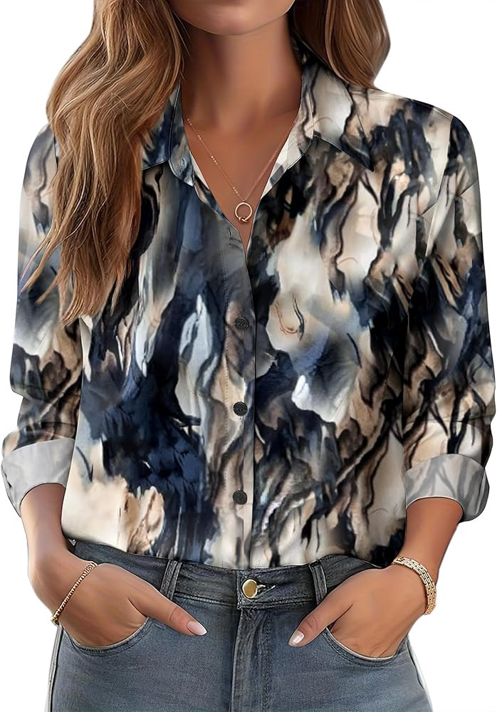 Zeagoo Button Down Shirts for Women Dressy Floral Printed Long Sleeve Blouse Business Casual Work... | Amazon (US)