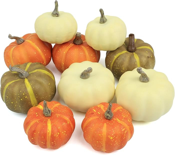 10Pcs Fake Pumpkins Fall Thanksgiving Decorations,Assorted Colors Plastic Pumpkins Home Decor, Artificial Mini Pumpkin for Decorating Autumn Harvest Outdoor Indoor Decor Centerpiece Table Decorations | Amazon (US)