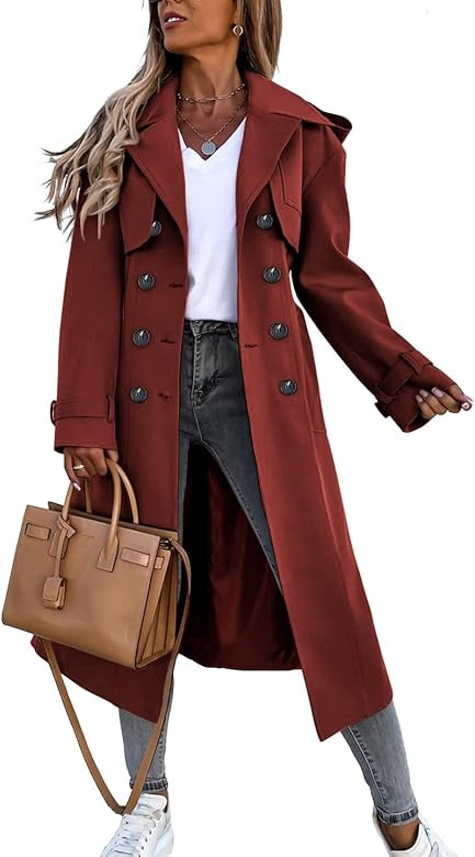 Fisoew Women's Double Breasted Long Trench Coat Windproof Classic Lapel Belted Overcoat with Pock... | Amazon (US)