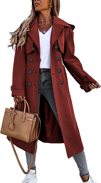 Fisoew Women's Double Breasted Long Trench Coat Windproof Classic Lapel Belted Overcoat with Pock... | Amazon (US)