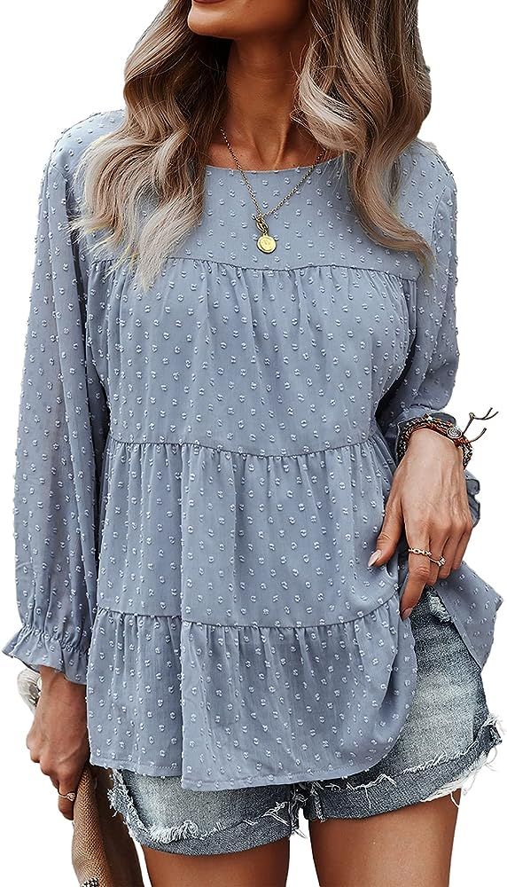 PRETTYGARDEN Women's Summer Loose Chiffon Blouse Mesh Long Sleeve Casual Round Neck Peplum Tops | Amazon (US)