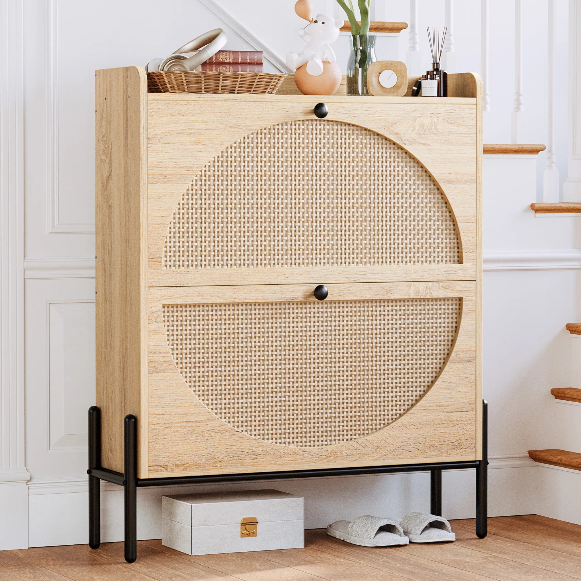 Rattan Shoe Cabinet With 2 Flip Drawers, Free Standing Wooden Shoe Storage Organizer Cabinet With... | Wayfair North America