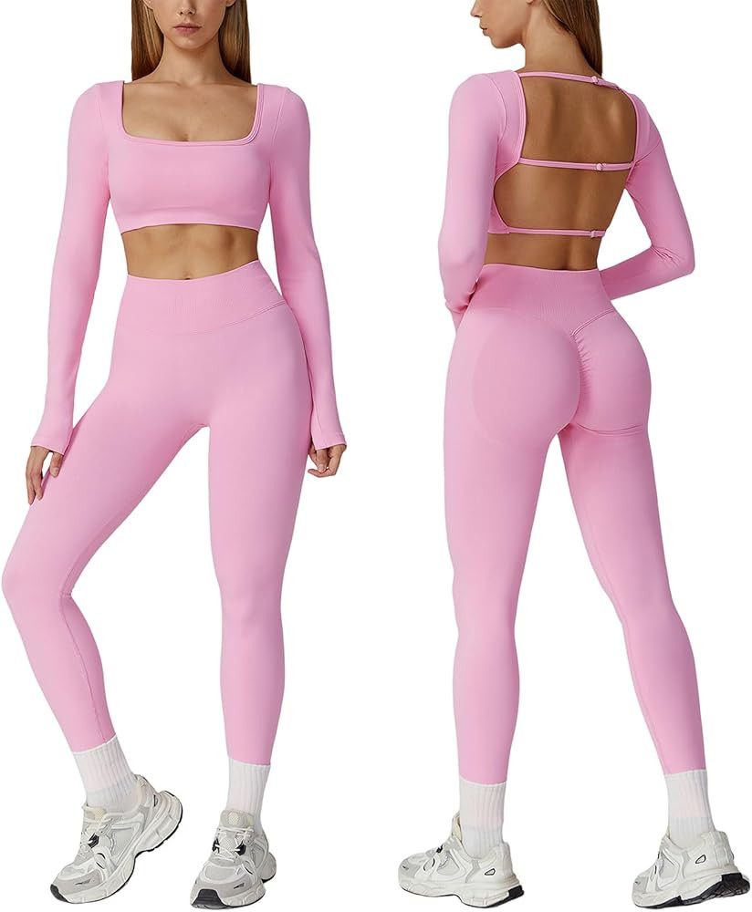 ABOCIW Workout Sets for Women 2 Piece Seamless Backless Long Sleeve Crop Top High Waisted Legging... | Amazon (US)