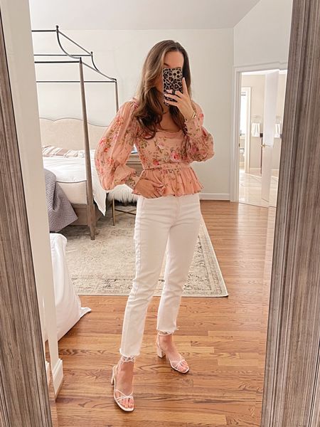 Yumi Kim floral peplum top (runs large, size down one size, wearing XS). Use code OSG20 for 20% off Yumi Kim. AGOLDE Riley jeans (run large, size down one size, in size 25 here). White lace up heels run true. 

Spring outfit, white jeans, white denim, white heels, floral, spring style  

#LTKstyletip #LTKshoecrush #LTKFind