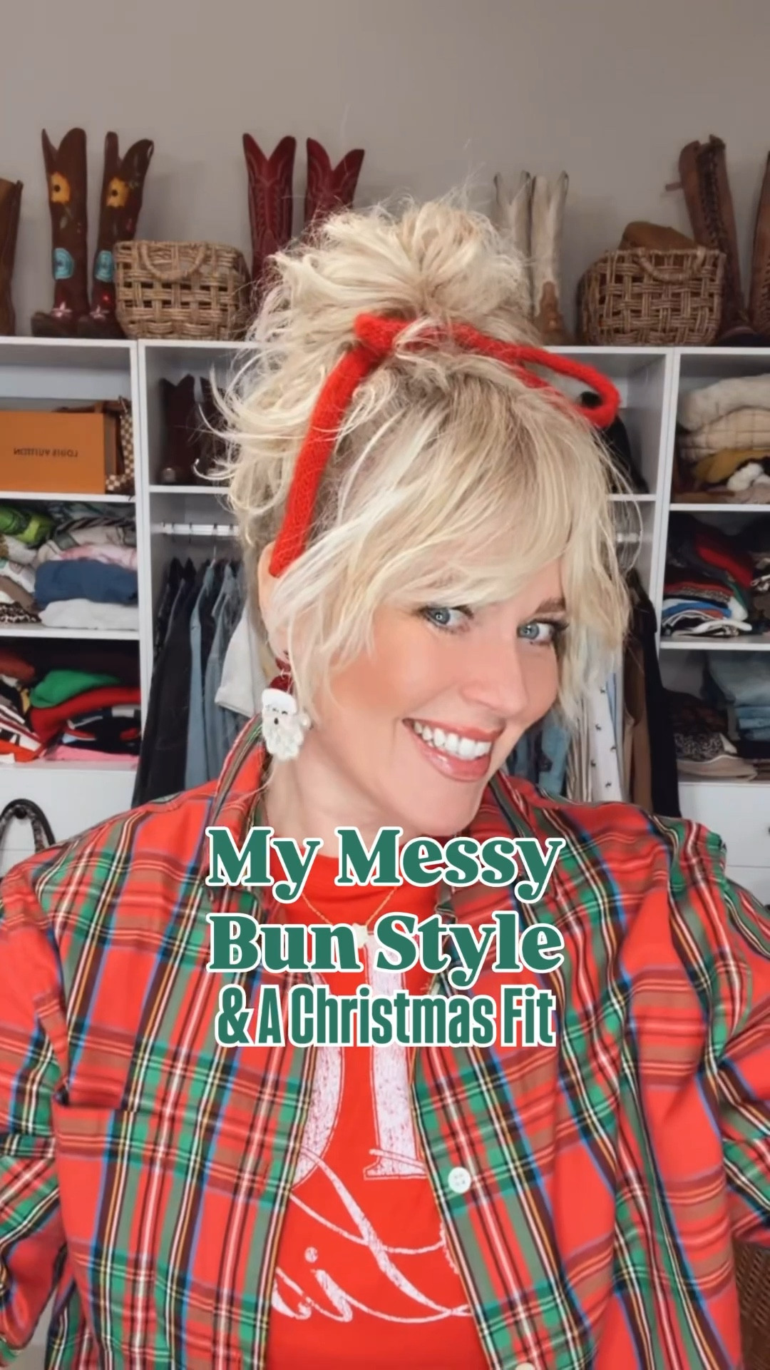 Love to do my hair like this. Just use a ribbon to tie it off. Makes a cute messy bun. 
LOVE LOVE this mens sweater and plaid flannel dickie. These Levi’s skinny jeans fit so good too! 
Sweater - L
Dickie - one size 
Jeans - sized up 
Boots older (linked similar) 


#LTKFindsUnder50 #LTKHoliday #LTKootd