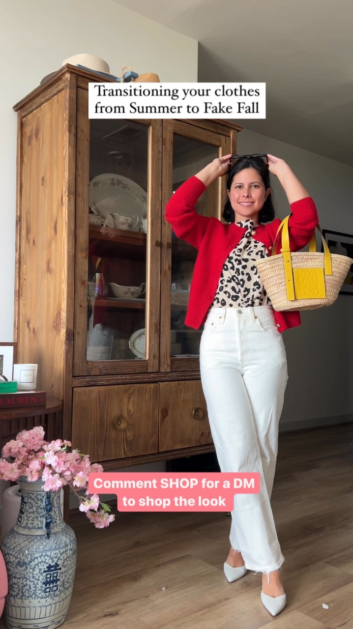 Transitional outfit, summer to fall, white jeans, leopard print top, petite, red cardigan, white heels 

#LTKFindsUnder100 #LTKStyleTip #LTKVideo