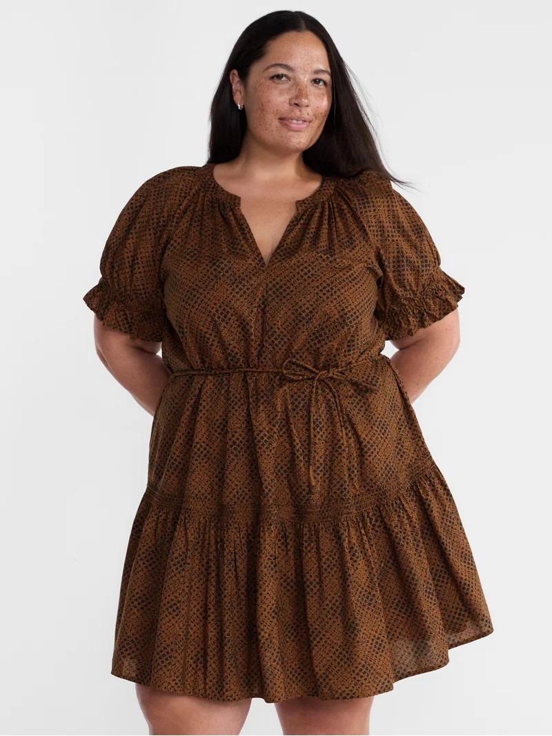 Terra & Sky Women's Plus Cotton Tiered Mini Dress with Short Puff Sleeves, Sizes 0X-5X | Walmart (US)