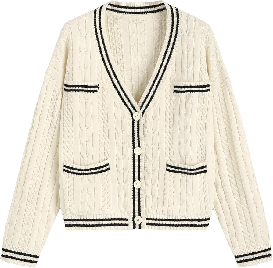 CIDER Cable Knit Contrast Trim Cardigan | Amazon (US)