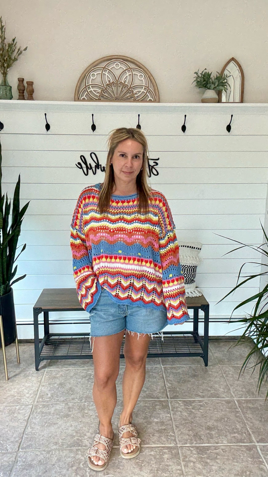 Cool summer nights are on the way 🫢 I'm in a medium in the oversized sweater and denim shirts are an 8, l linked similar shorts from Okd Navy that are on sale

#LTKSaleAlert #LTKFindsUnder50 #LTKOver40