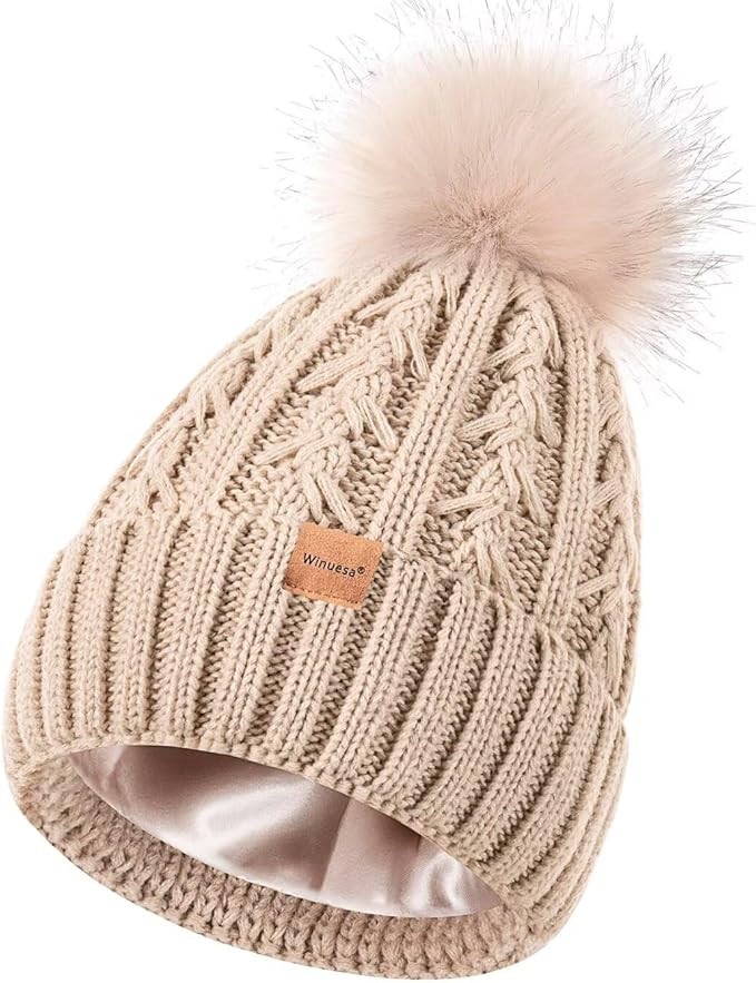 Winuesa Satin Lined Beanie for Women with Pom Pom, Fashionable Womens Winter Hats Silk Beanies, C... | Amazon (US)