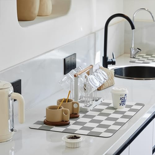 Checkered Dish Drying Mat for Kitchen Counter, Coffee Bar, Coffee Station Accessories, Retro Cute Aesthetic Absorbent Coffee Mat Kitchen Drying Mat Easy Clean, Grey 12" x 19" | Amazon (US)