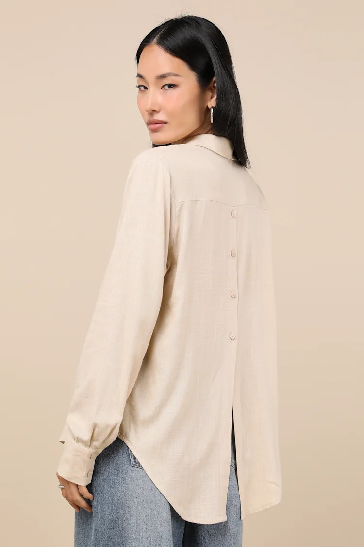 Notable Aesthetic Beige Linen Collared Button-Up Top | Lulus