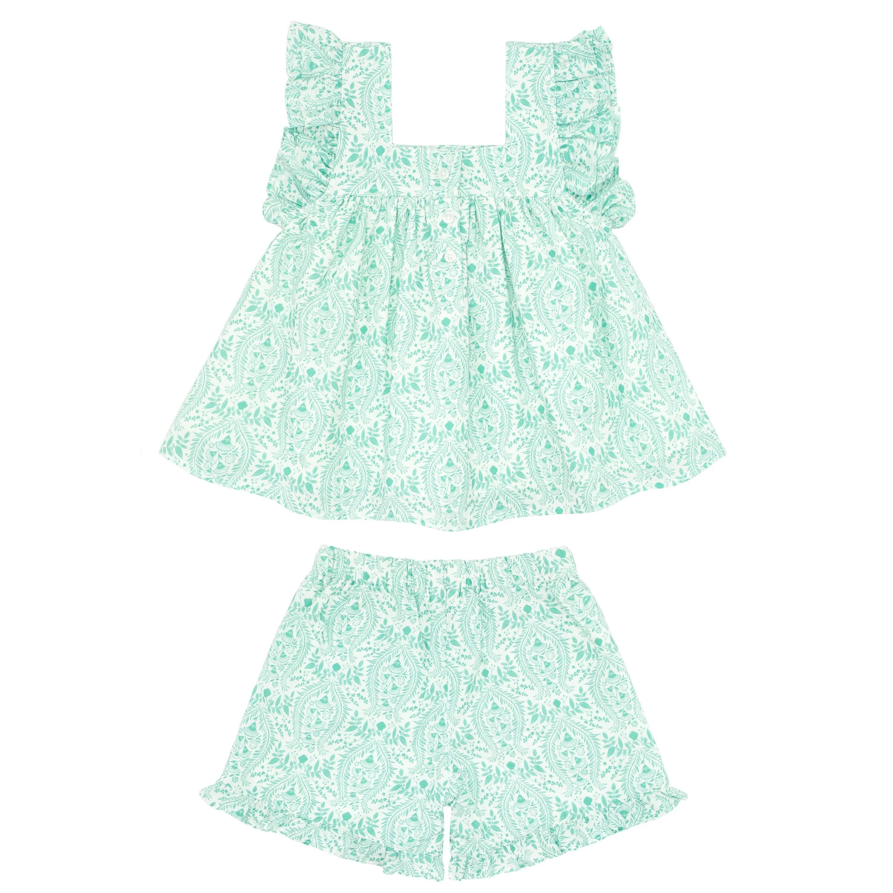 girls abaco green paisley ruffle top and short set | minnow