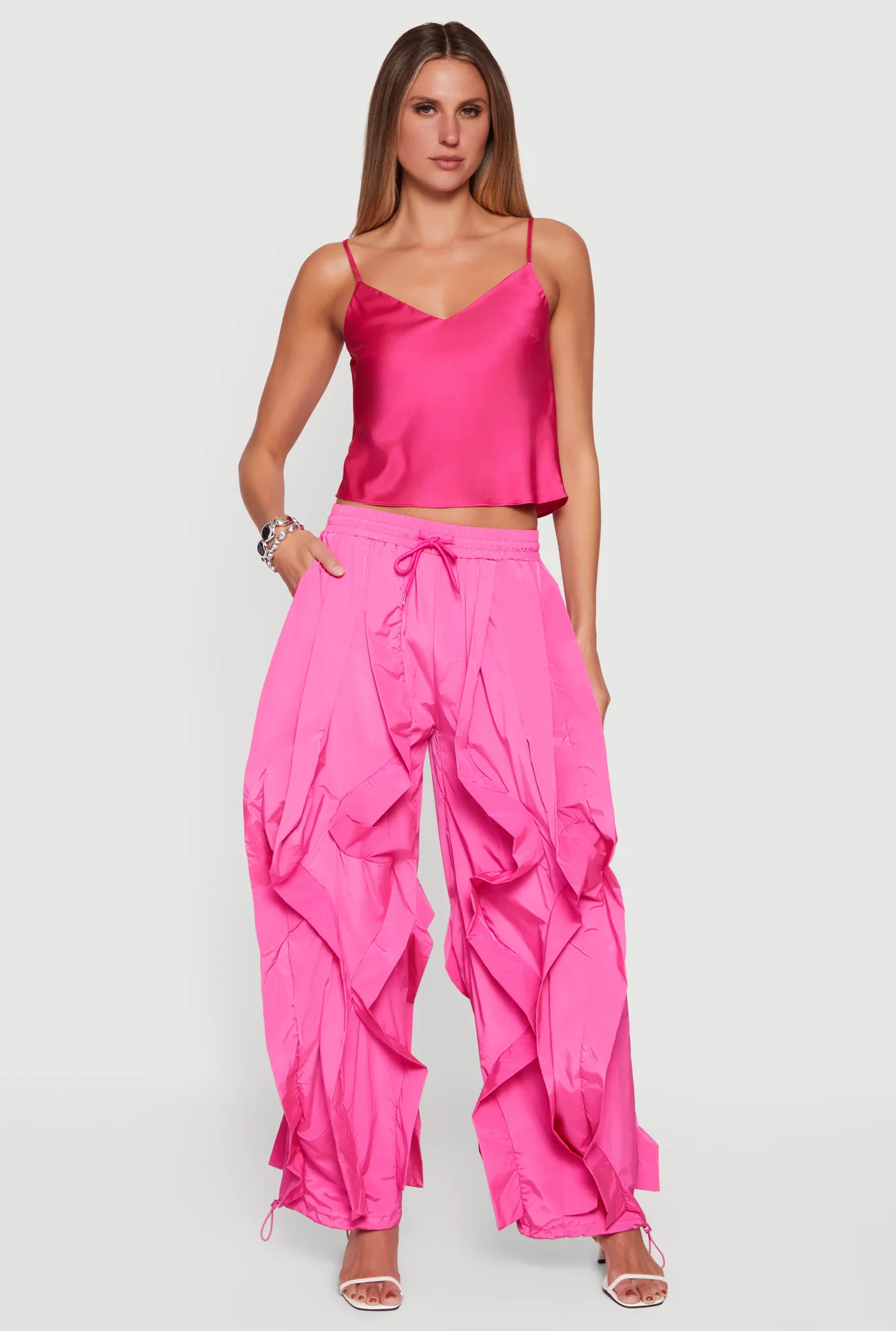 Drawstring Waist Ruffle Parachute Pants | Rainbow Shops