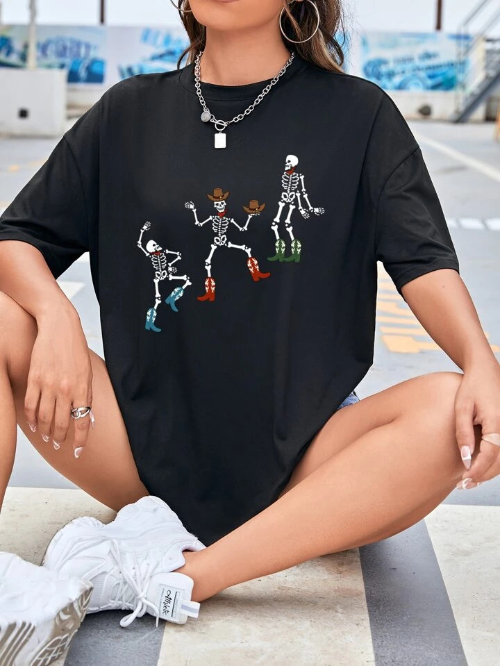 Skeleton Print Drop Shoulder Tee | SHEIN