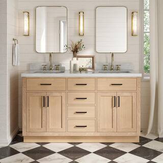ARIEL Hepburn 60 in. Double Sink Freestanding Bathroom Vanity in Oak with Carrara White Marble To... | The Home Depot