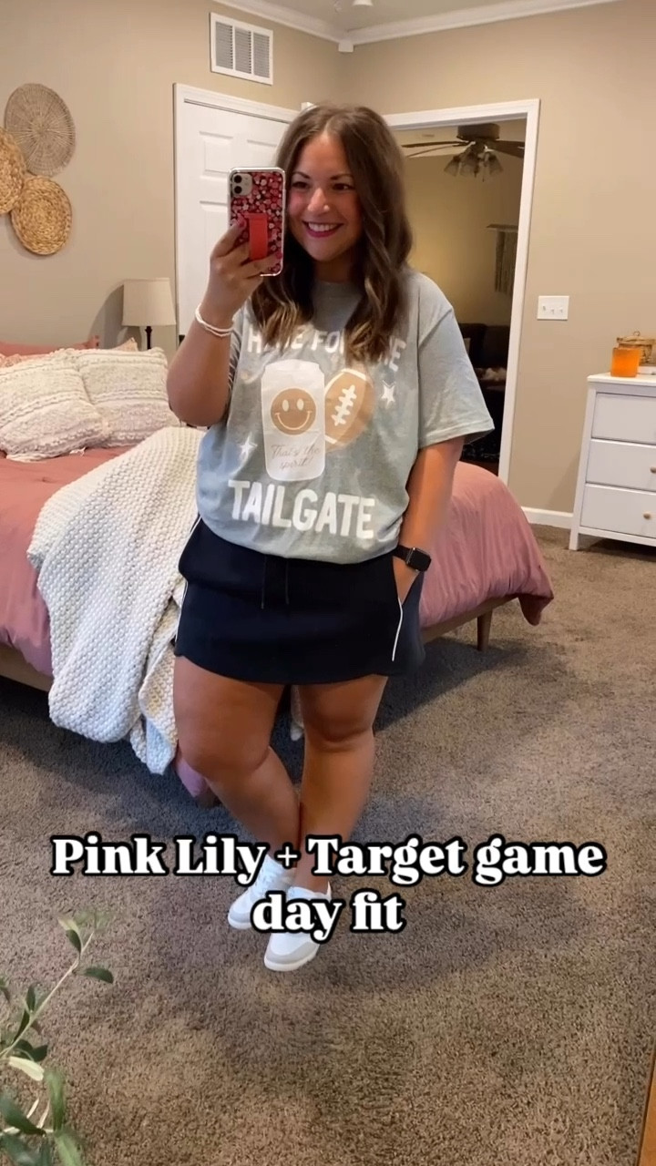 Y’all know I looove dressing up for game days!!! 😍🏈🫶🏻 Sneakers & skort are Target & tee is Pink Lily. 

sneakers: fit true to size // wearing a 5
skort: fits true to size // wearing a large
tee: fits true to size // wearing a large

#LTKFindsUnder50 #LTKFindsUnder100 #LTKStyleTip
