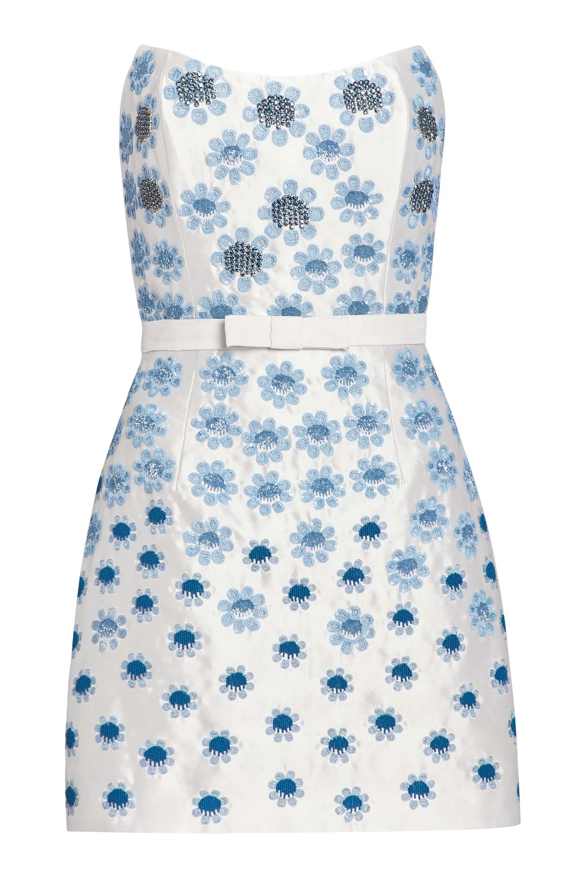 Lulu White Silk Mini Dress With Blue Daisy Beading | Over The Moon