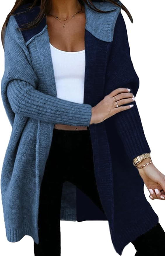Astylish Women 2025 Fall Outfits Open Front Long Sleeve Hooded Knit Cardigan Sweaters Color Block... | Amazon (US)
