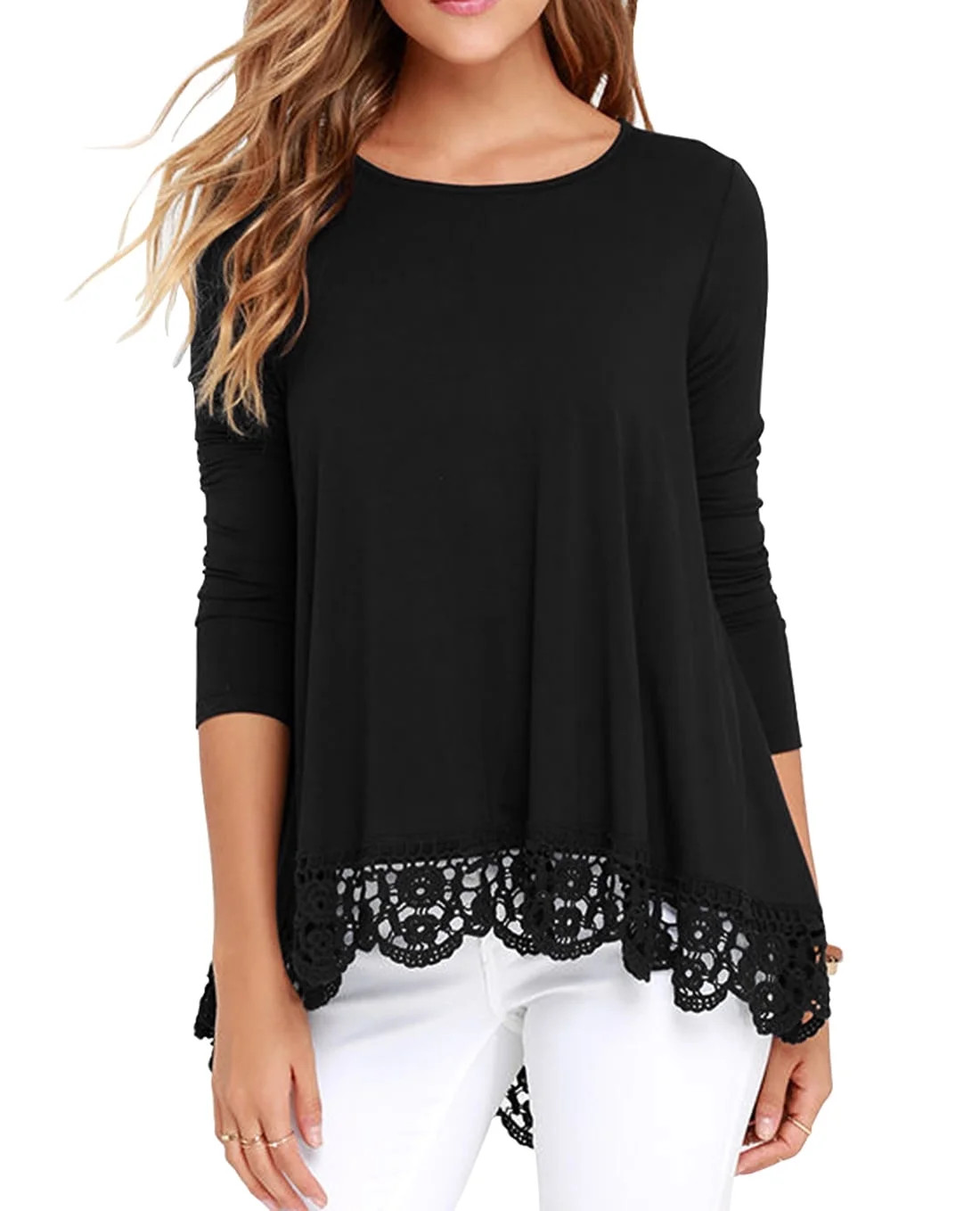JWD Women's Tops Long Sleeve Lace Trim O-Neck A Line Tunic Blouse Black-XX-Large | Walmart (US)