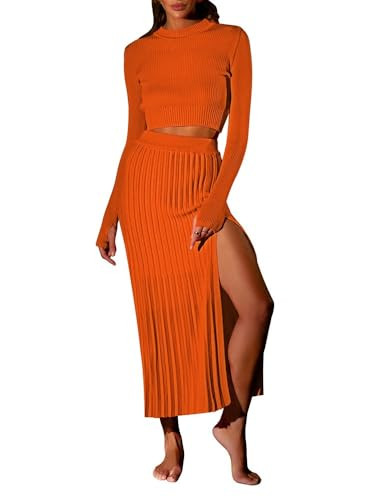 Pink Queen Skirt Sets Women 2 Piece Outfits Long Sleeve Cropped Top Maxi Dresses Sweater Going Out Set Orange M | Amazon (US)