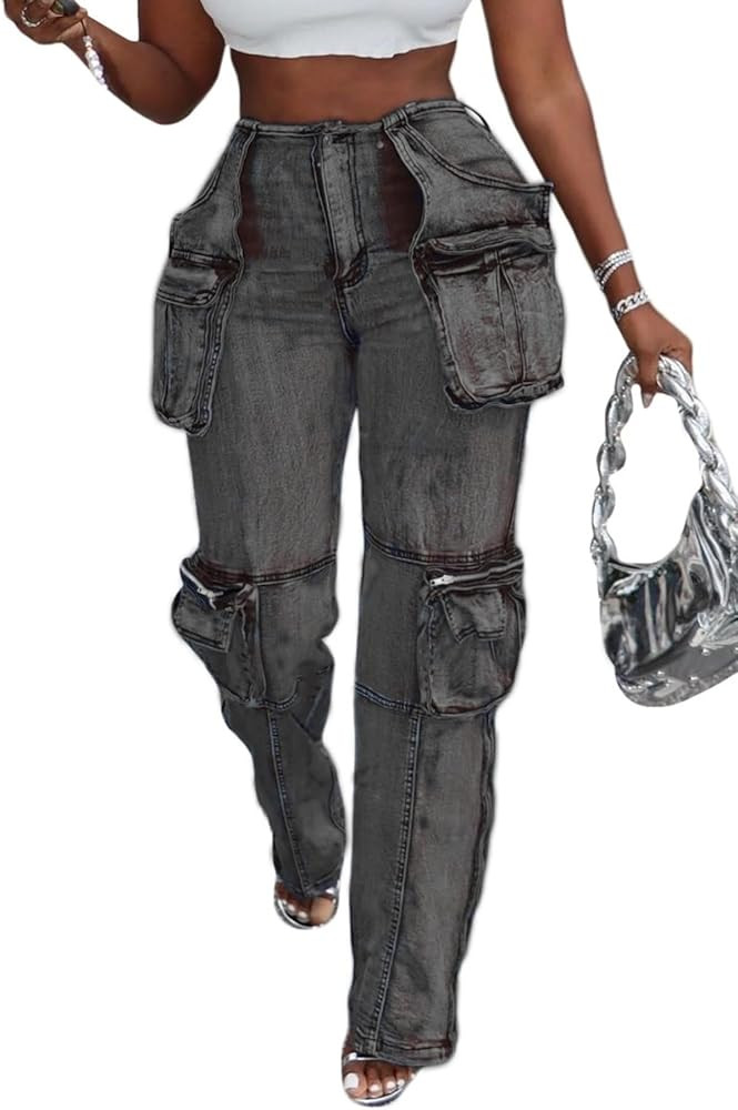 Vaceky Stretch Cargo Jeans Women Straight Leg Side Zipper Slit Denim Y2K Pants with Pockets | Amazon (US)