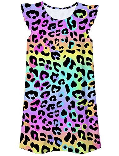 Funnycokid Girls Nightgowns Size 11-12 Kids Leopard Pajamas Dress Cheetah Sleepwear Nightshirt Flutter Sleeve Colorful 11 12 Years | Amazon (US)