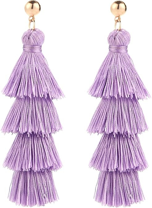 BaubleStar Tassel Earrings Handmade Tiered Thread Tassel Dangle Earrings, Multi Colors | Amazon (US)