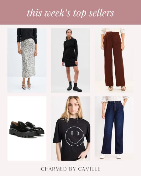 This week’s top sellers:

Silver sequin skirt
Black sweater dress
Brown satin wide leg pants
Black loafers
Smiley tee
Wide leg jeans




#LTKHoliday #LTKSeasonal