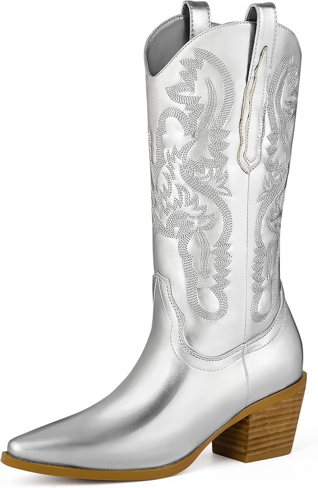 Ouepiano Women's Western Cowboy Embroidered Mid Calf Boots, Almond Pointed Toe 6cm Medium Chunky ... | Amazon (US)