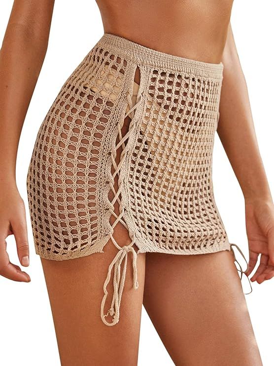 MakeMeChic Women's Crochet Cover Up Skirt Tassel Knit Mini Beach Cover Up | Amazon (US)