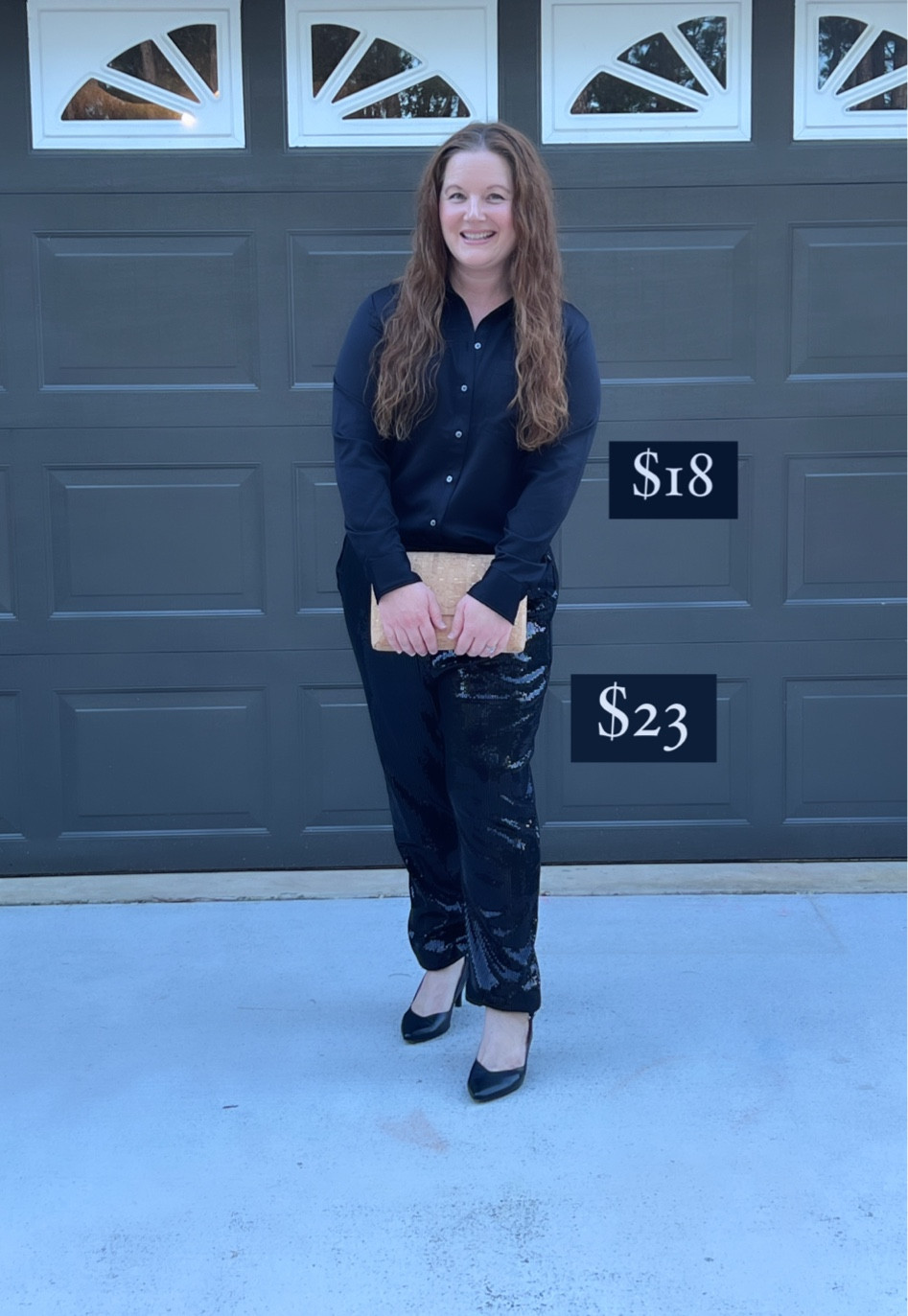 Walmart style, Walmart holiday fashion finds, Time and Tru, satin shirt, sequin joggers, kitten heel, cork clutch, Etsy fashion find

#LTKmidsize #LTKHoliday #LTKfindsunder50