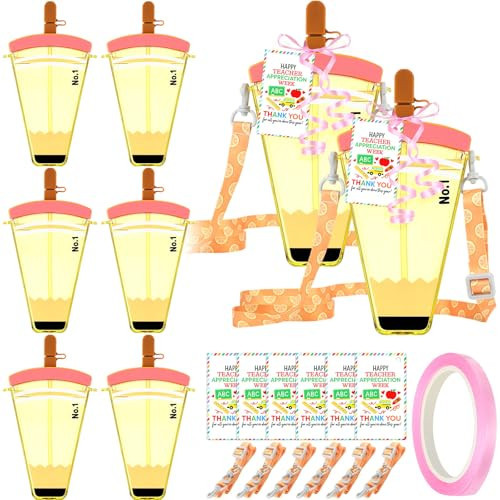 FoldTier 6 Set Teacher Gift Teacher Appreciation Gifts Bulk Reusable Pencil Plastic Cups Thank You Gifts with Cards 11 oz Pencil Water Bottle for Women Men Employee Graduation Last Day of School Gift | Amazon (US)