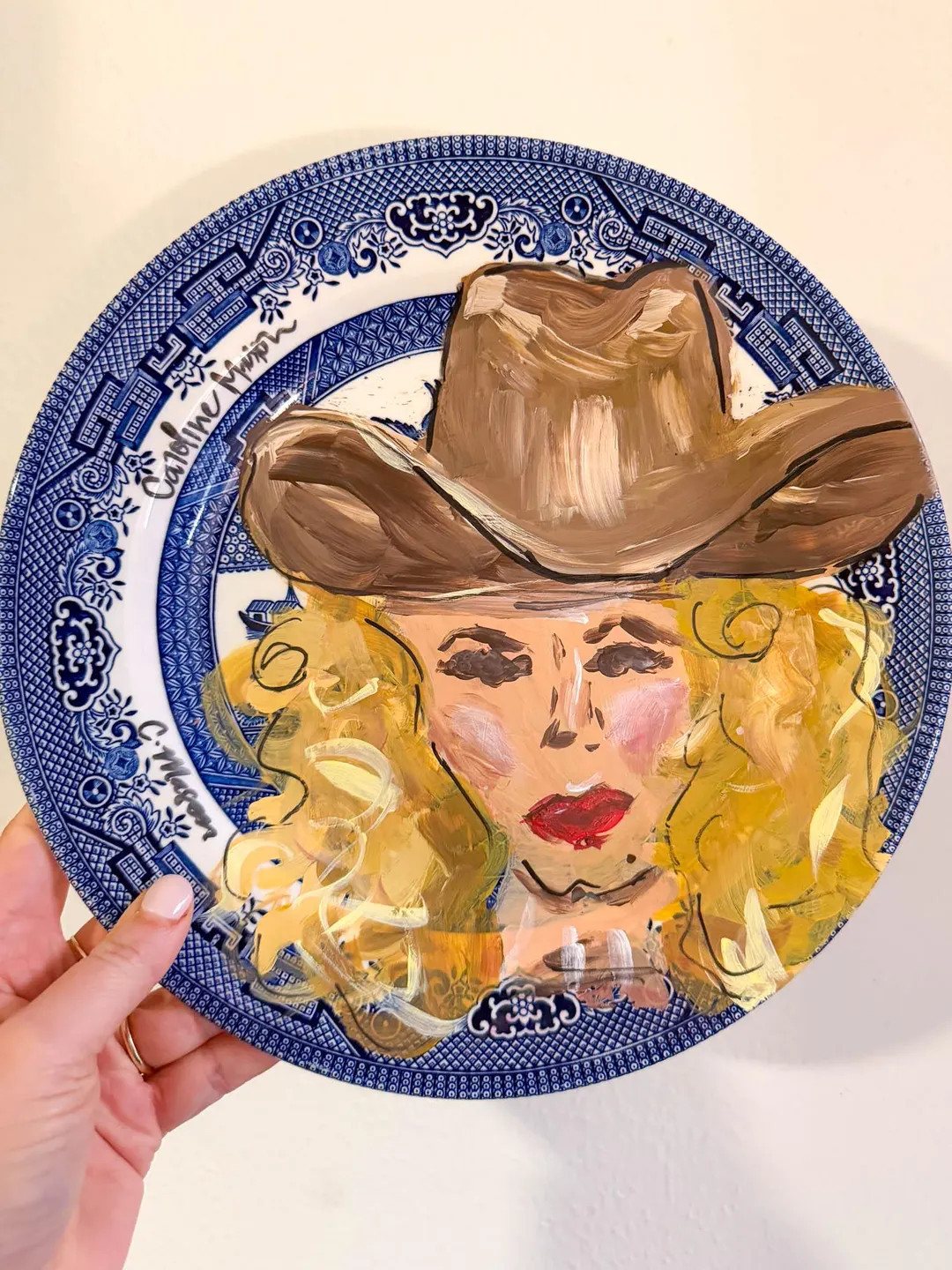 Cowgirl Painting on Blue Chinoiserie Plate - 'Bonnie the Bombshell' | Etsy (US)