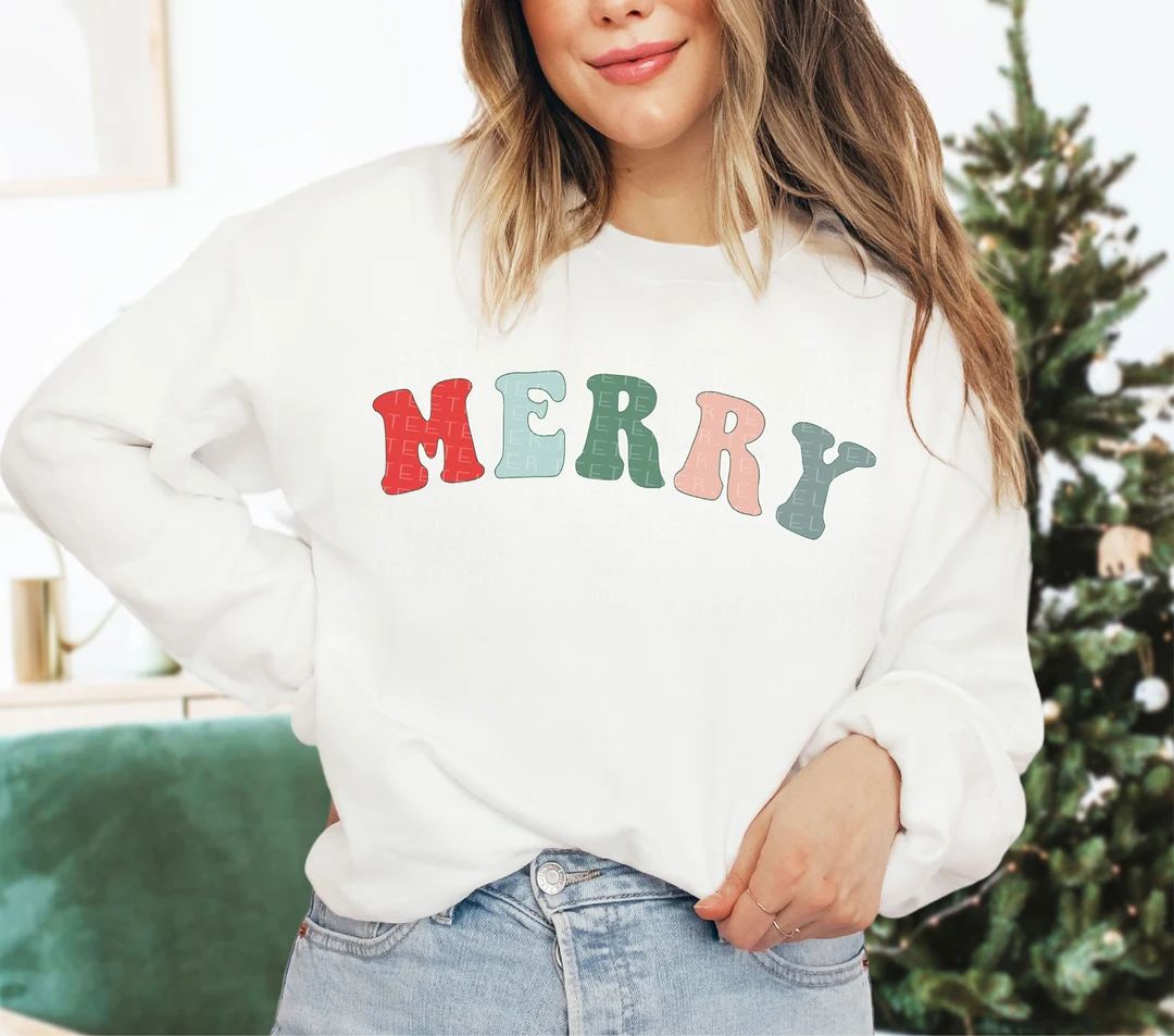 Merry Sweatshirt, Christmas Sweatshirt, Festive Shirts, Holiday Shirts For Women, Cute XMAS Gift ... | Etsy (US)