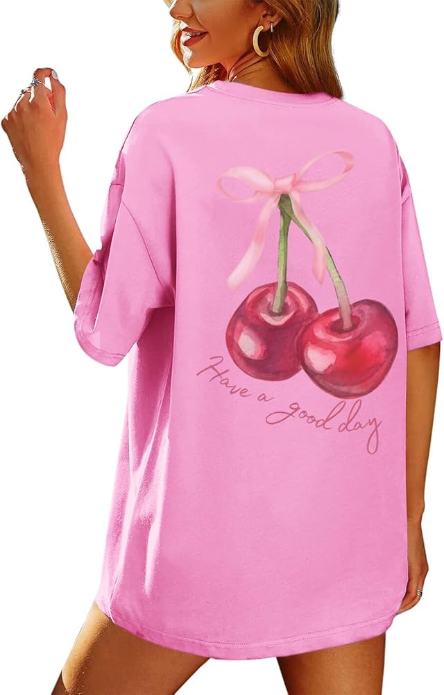 BINTEHGS Oversized Graphic Tees for Women Trendy Cherry Printed Shirt Cute Summer Aesthetic Cotto... | Amazon (US)